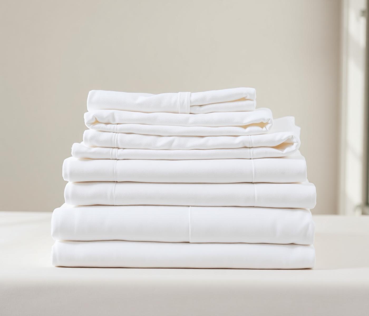 Stack of freshly folded crisp white hotel linen and towels